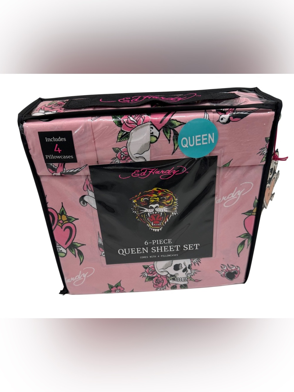 Ed Hardy 6-piece sheet set-Queen Size-New-Tattoo Roses-Skulls-Pink-New